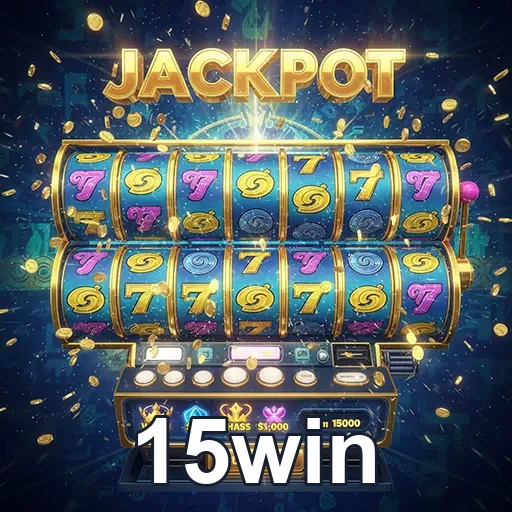 Imagem de uma máquina de caça-níqueis com o logo 15win em destaque, promovendo jogos de slots online.